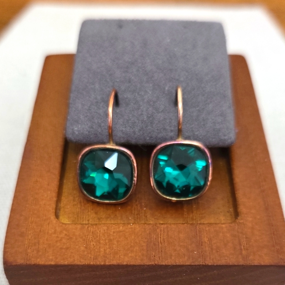 Copper & Faceted Green Glass Lever Back Earrings